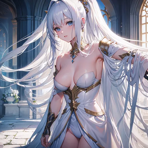 Beautiful slim young long-haired bangs in torn white fantasy armor with bare breasts, castle interior, UHD, River Fantasy, micro details, soft light, Photorealistic, proportional, hyper-detailing