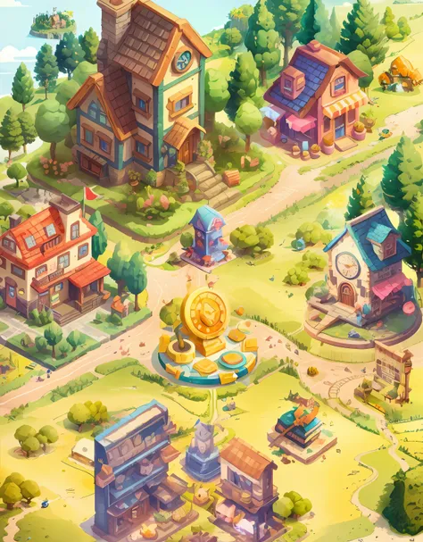 cartoon town with clock tower, town center background, mobile game background, detailed game art illustration, mobile game art, town background, bustling magical town, game illustration, background artwork, isometric 2D game art, isometric game art, fantas...