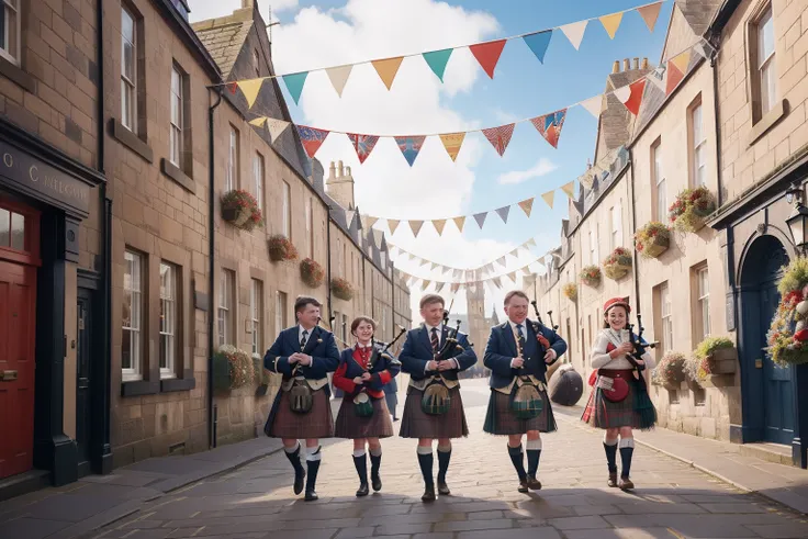 Year: 2023
Country: United Kingdom
Description: Amidst the historical backdrop of Edinburgh, a family consisting of parents, teenagers, and younger children dons kilts and plays bagpipes on a charming cobblestone street during a festive Scottish celebratio...