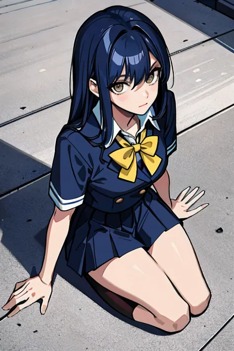 (Masterpiece:1.2, Best quality), 1lady, Solo, Blue school uniform, In the faculty, kneels on the ground, Neat, Black and yellow hair, From above