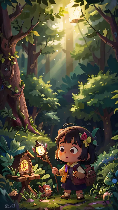 the night，Little girl with lamp in hand exploring in forest， Perfect quality, Clear focus (Clutter - home: 0.8), (Masterpiece: 1.2) (Realistic: 1.2) (Bokeh) (Best quality) (Detailed skin: 1.3) (Intricate details) (8K) (Detail eyes) (Sharp focus), (cheerful...