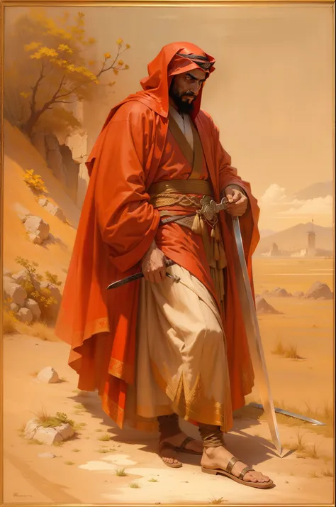 Draw a man in a red robe holding a sword, George R. Bridgman, shutter inventory, fine art, An Arab stood by and watched, Orientalist painting， man with scythe