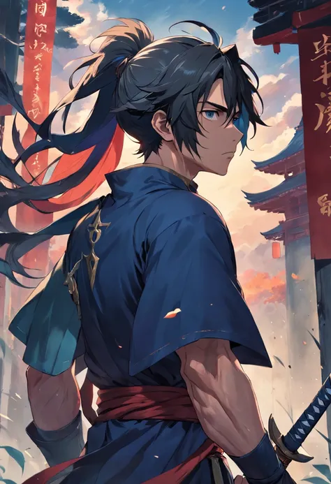 1 man，A warrior in his 20s，High ponytail，The hair is blown by the wind，With a cloak，Dressed in chivalrous customer service，Very handsome，His face was grim，Face away from the camera，Look back at the camera，Sword in hand，In the bamboo forest