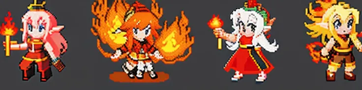 Close up of pixel art style pictures of a group of girls, lava and fire goddess, #pixelart:3, she has fire powers, the elf, # pixelart, #pixelart, 2 d sprites, concept pixelart, peach and goma style, low res, /r/pixelart, appears as the fire goddess, fiery...