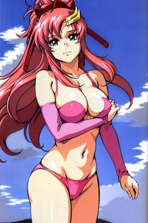 (masterpiece, 4K, Best Quality, Anime style: 1.9, bold drawing lines, High color saturation, Detailed face, tall, Adult Woman, lovely, (cloud background), Drawing lines, high resolution, Anime, lacus4), 1girl in, Solo, curvy figure, Long hair, 鎖骨, scapular...