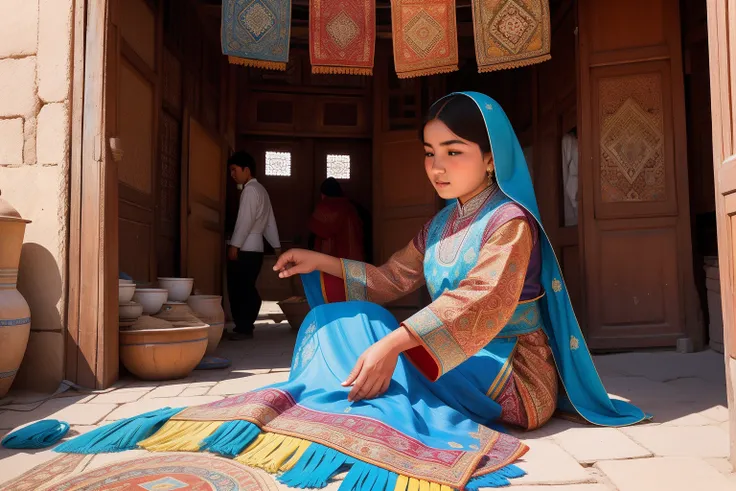 Year: 2023
Country: Uzbekistan
Description: In the heart of Bukharas historic old town, a teenager in vibrant traditional clothing meticulously arranges silk textiles in a centuries-old bazaar. The markets narrow lanes are lined with colorful awnings, and ...