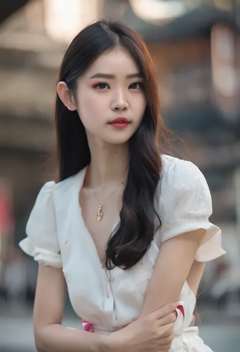 A sweet 18 year old Chinese girl posing for a photo, pure, light makeup, wearing a light white peplum top, Fair and smooth skin, moist red lips, small nose, thin bracelet, black long hair, Thin, vest line, beautiful collarbone, clear jawline, full body, in...