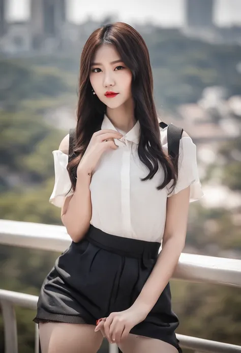 A sweet 18 year old Chinese girl posing for a photo, pure, light makeup, wearing a light white peplum top, Fair and smooth skin, moist red lips, small nose, thin bracelet, black long hair, Thin, vest line, beautiful collarbone, clear jawline, full body, in...