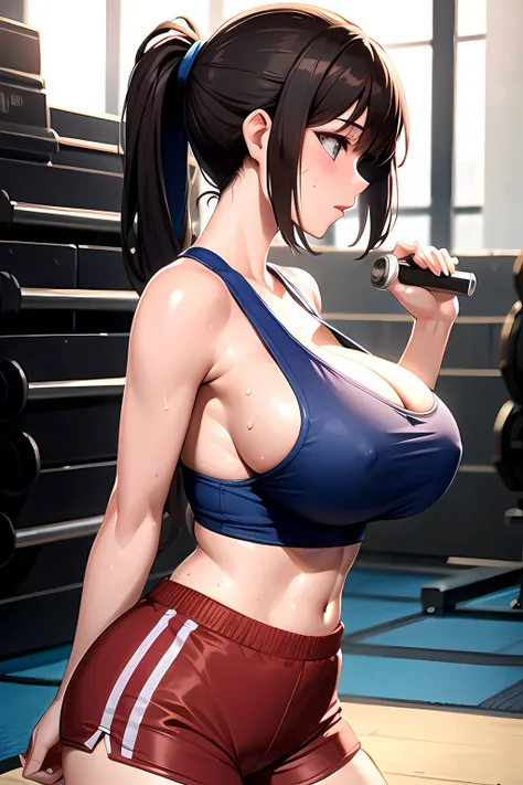 8k,Best Quality,masterpiece,Extremely detailed,realistic,1girl,japanese woman,(big breasts:1.2),sideboob,toned and glamorous body,(Tank tops:1.3),(Hot Pants:1.3),ponytail,Brown hair,(Sweat on breasts),side view,(fitness:1.3),((gym:1.2)),