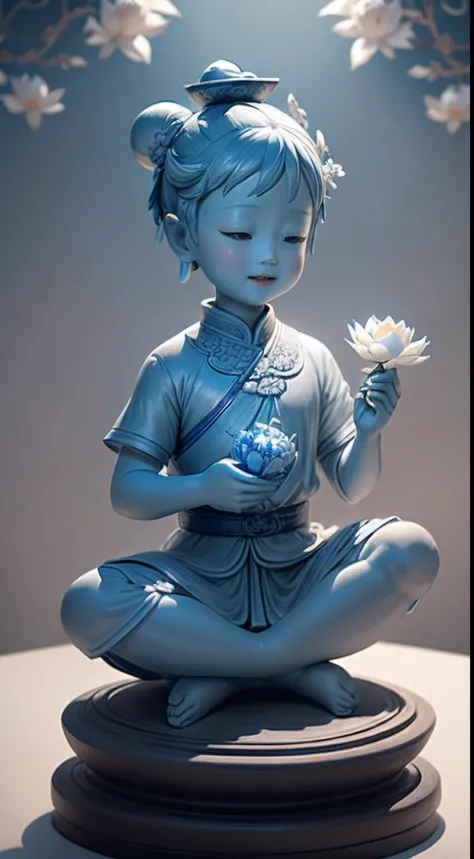 Blue and white porcelain statue,ancient china art style，Cute statue of a child，Holding a blooming lotus flower in his hand，happy laughing，Delicate pattern，Oriental elements，Ink painting style, Clean colors, White background, Soft lighting, ( Bokeh)，Masterp...