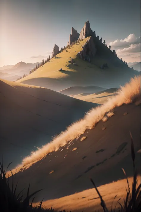 hillside，dead grass，Faraway view，Silhouette of a gray cloak，the setting sun，Desolation，Illustration style，darkly，It was very windy，Stand under a dead tree，Raised mounds，Continuous mountains，Knee-length dead grass blown by the wind，