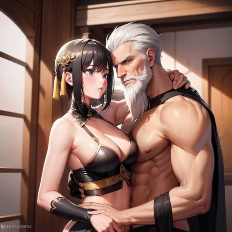 The emperor is a rugged and burly old man (tall, handsome,shirtless,beard,short hair,hug) making out with a girl concubine (age 22, beautiful, slender body, radiant skin, half naked, cleavage ,short hair, colour yellow linggrie,surprised and embarrassed to...