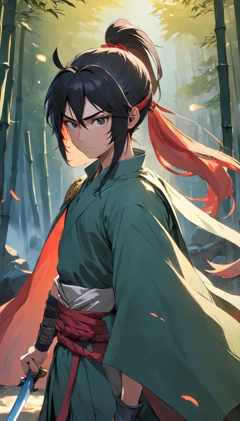 1 man，A warrior in his 20s，High ponytail，The hair is blown by the wind，With a cape on his head，Dressed in chivalrous customer service，Very handsome，His face was grim，Face away from the camera，Look back at the camera，Holding a precious sword，In the bamboo f...