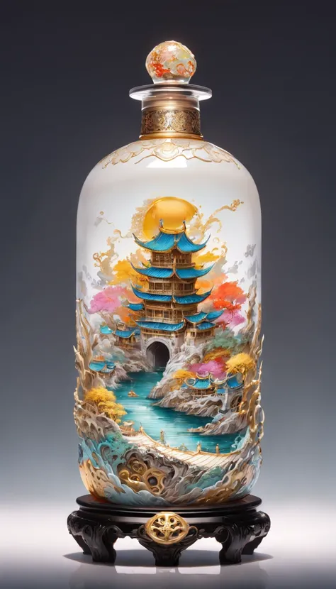 Front panorama body view of a colorful Steampunk Transparent Landscape embroidery color inks patterns porcelain bottle，the style to Jingdezhen porcelain,the bottle covered by relief carved out of color Mechanical components and bottle body made of gold fil...