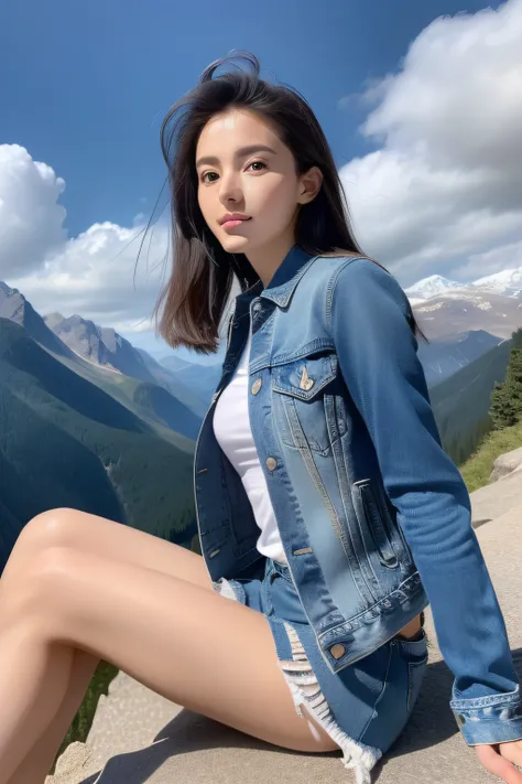 (tmasterpiece，best qualtiy，8K)，(sharp fokus)，(The girl sits with her back to the top of the mountain)，(perfect bodies)，(Slim abs)，(jean jacket)，(Denim hip dress)，with blue sky and white clouds，rays of sunshine，Fine face，beautidful eyes，Straight legs。