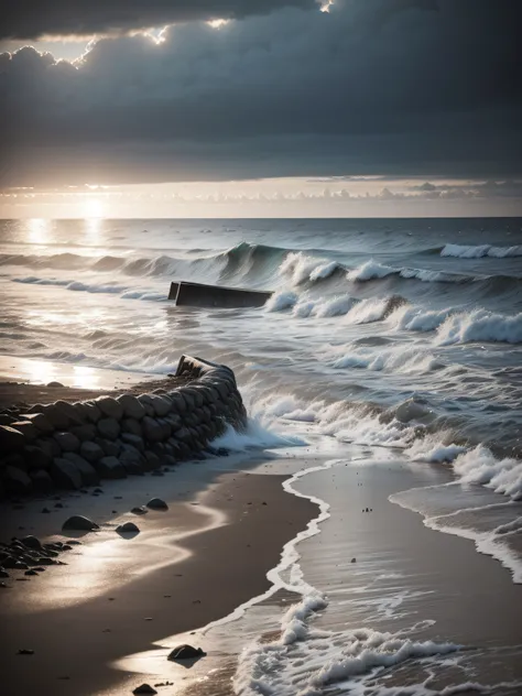 A desolate and gloomy beach stretches into the distance, with waves crashing onto the shore under a brooding sky. A lonely father, hunched over in sorrow, sits on a weathered bench, his face lined with grief. The dark sunset casts long shadows, intensifyin...