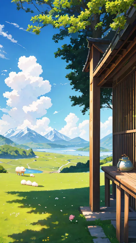 夏天，grassy fields，A few small flowers，clear lakes，sheeps，a paradise，Large clouds，blue-sky，scorching weather，high definition detail，Hyper-detailing，cinematic ligh，ultra-realistic realism，the soft light，Pure scenery，Deep field focus bokeh，The vista in the dis...