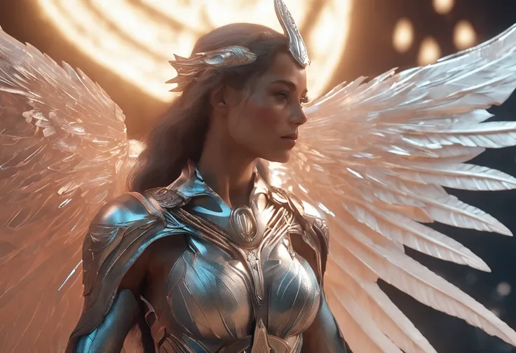 A closeup of a woman，There are wings on the back, as a mystical valkyrie, unreal engine rendered + A goddess, fantasy style 8 k octane render, 4 K detail fantasy, cinematic goddess shot, Unreal Engine fantasy art, beautiful cyborg angel girl, Fantasy art B...