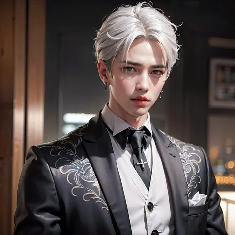 (8k photo, best quality, masterpiece:1.2),(realistic, photo-realistic:1.37) young ,handsome man, Mark Tuan, Got7, white skin, detail face, grey bright eye, white hair, black suit, bad boy, yakuza, tattoo, smoke cigarrate, a lots gangster night town in back...