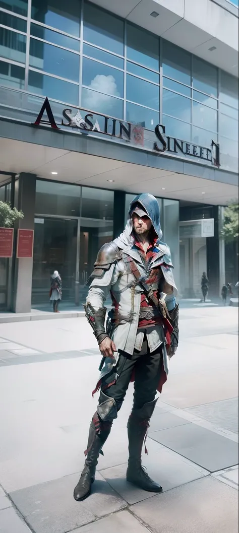 change cloths in assassins creed cloth but face show properly and stand on assassins creed tower and ready to jump