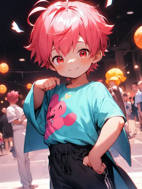 Shota，Pink hair，Ahoge,toddlers，Red Eyes，Eyes of Hearts, Q version， cute little， to stand， Master masterpieces， hight resolution，8K，detailedbackground，hightquality，Libido boy，独奏，Happy expression，Big yellow baggy shirt,Red cheeks