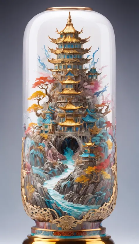 Front panoramic body view of color steampunk transparent landscape embroidery color ink pattern porcelain bottle，The style of Jingdezhen porcelain,The bottle is embossed and carved into colorful mechanical parts and the body is made of gold wire windings，C...