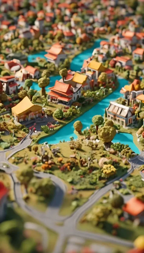 Miniature,Super cute clay world, Isometric view of the steppe ,cute clay freeze frame animation,City view, grassy fields，the trees ，bushi，Road,tiltshift, Excellent lighting, volume, landscape, 45 degrees from above，。.3D,Super detail