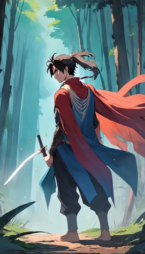 1 man，A warrior in his 20s，High ponytail，The hair is blown by the wind，With a cape on his head，Dressed in chivalrous customer service，Very handsome，His face was grim，Face away from the camera，Look back at the camera，Holding a precious sword，In the bamboo f...