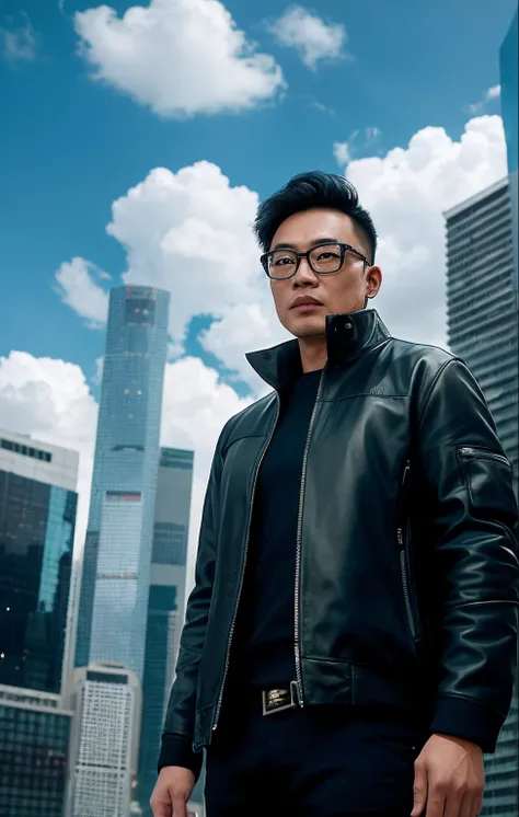 An Asian man with glasses City behind Clouds in the sky Cyberpunk style