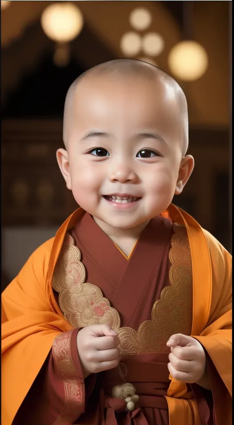 Close-up of a smiling baby in a robe, Buddhist, monk clothes, monk, wearing brown robes, buddhist monk, ruan jia beautiful!, portrait shooting, close up portrait shot, son, Cute boy, portrait of monk, young cute wan asian face, Yan, Innocent look, 2 1 st c...