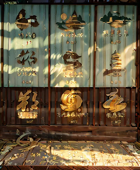 Close-up of Chinese signs with buildings as background, drak, Shuozhou,Shuozhou logo,Shuozhou logo,a color,