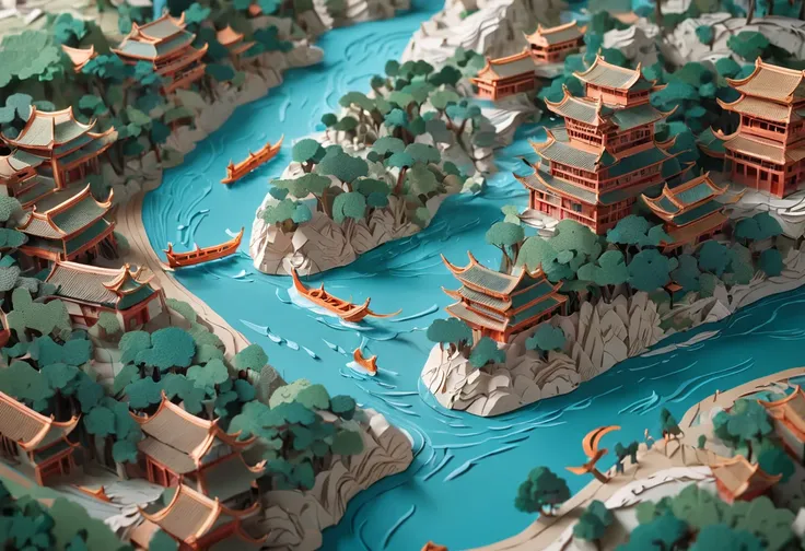 Close-up of paper cut of the upper river map of Qingming, paper art, intricate 3 d illustration, layered paper art, detailed scenic view , paper modeling art, 4K detailed digital art, 4k highly detailed digital art, 3D digital art 4K, scenery art detailed,...