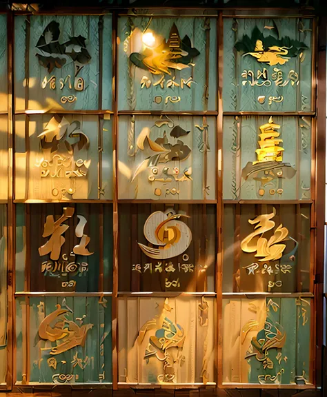 Close-up of Chinese signs with buildings as background, drak, Shuozhou,Shuozhou logo,Shuozhou logo,a color,