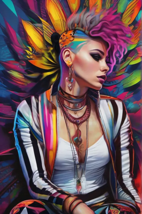 a woman ,cybergoth, (white black striped mohawk),fullbody lenght portrait, sitting,  trending on Artstation, psychedelic art, glowing rich colors,  details and vivid colors, 7 0 s vibe, hyper - detailed visionary art, , trending on artstration, neon steamp...