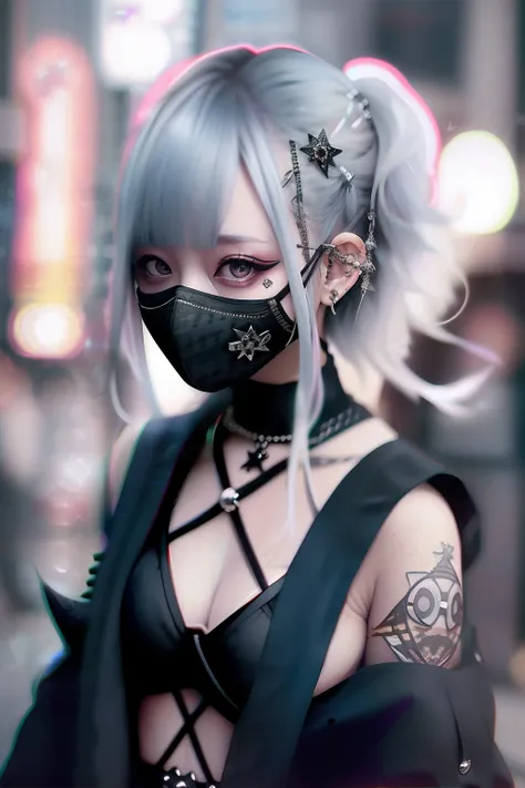 The bikini、goth_punk, 1girl in, 独奏, medium shot, Walking in Harajuku, ((during night)), bokeh dof, Neon light, Iridescent eyes, starrysky, White shiny hair, White eyebrows, Radiant hair, (iridescent white hair), 耳Nipple Ring, bangss, jewely, masks, bluntba...