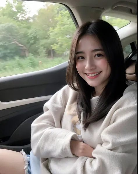 Arafed woman sitting in car with her arms crossed, dilraba dilmurat, lovely smile, slight cute smile, sitting in her car, she is smiling, she is smiling and happy, anime thai girl, nivanh chanthara, smiling warmly, pretty smile, xintong chen, ruan cute vtu...