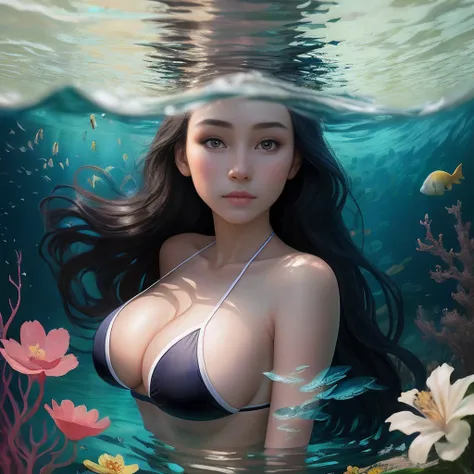 Surrealist portraits of women by David Hockney and Alphonse Mucha，Fantasyart，photographrealistic，动态照明，art  stations，poster for，Volumetriclighting，Artistic photos，Very detailed faces，4 k，Kizi，In the sea，Clear waters，fish flocks，flower bikini，Black long stra...