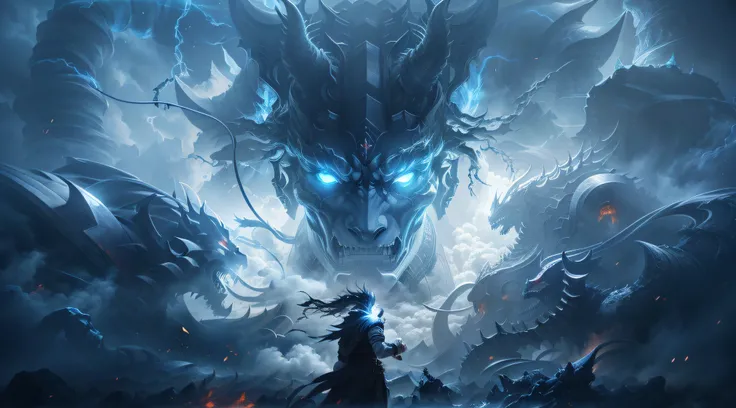 Anime characters stand in front of giant demons surrounded by smoke, Epic fantasy digital art style,