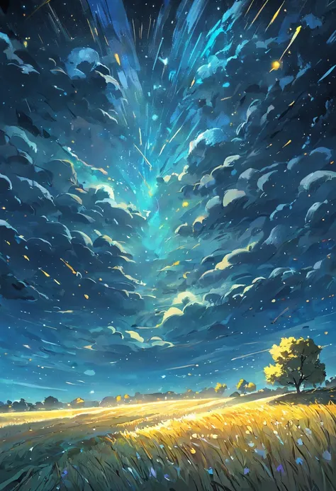 breath-taking,Van Gogh-style starry sky in quaint night sky,Nestled in a sleepy village in rolling hills,,Van Gogh painting style，paths，The tree，grassy，Cook，（（starrysky）），fine art piece，wheat field，tmasterpiece，k hd。Rich in color