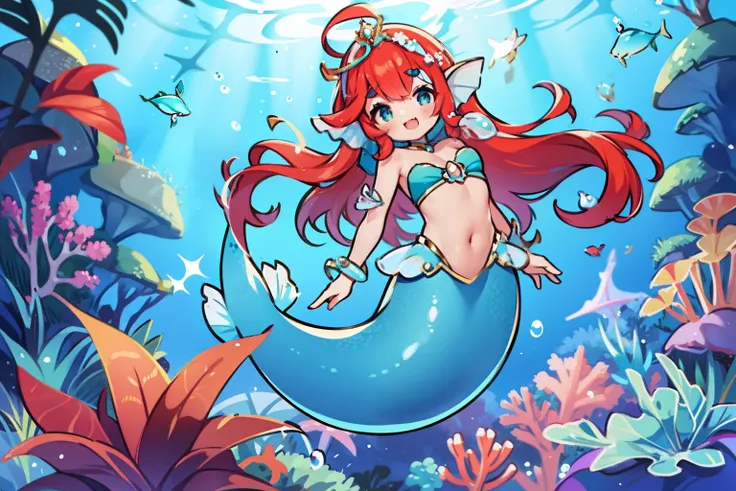 🧜‍♀️🧜🏻‍♀️🐡🐠🐟🪸🐚🫧Mermaid, Distant view, Mermaid Girl, mermaid, head fins, scales, Beautiful fishtail, Suletta Mercury, Smile, Closed eyes, Open mouth, pearl tiara, 
aqua eyes, skin tanned, hair between eye, (Long hair), Red hair, swept bangs, Thick eyebrows,...