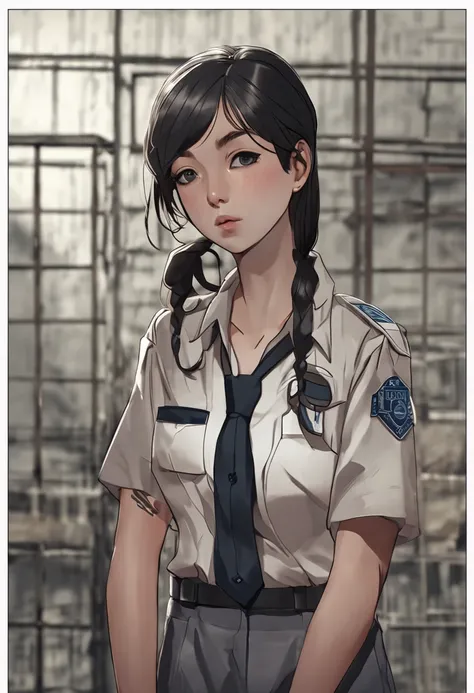 A female inmate stands on the floor of a prison in her uniform，Barefoot，Black eyes, black hair，Beautiful brunette girl，Young beautiful girl，Realisticstyle