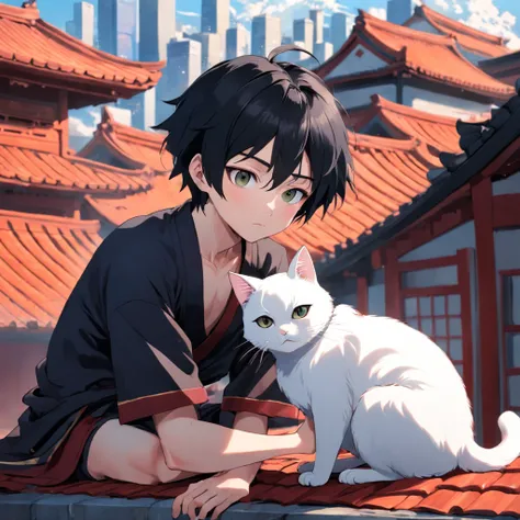 A short-haired Asian boy, with big eyes and black hair, is lying on the roof. There is a small white cat next to her, and the scene has a Japanese style.