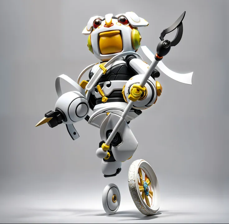 Close-up of toy characters and weapons,（There are wheels under the feet）（Chinese mythological figures，nezha）Cute robot， ambient occlusion render, 3 d clay render, 3d clay render, ultra ambient occlusion, toon render keyshot, ambient occlusion render, clay ...