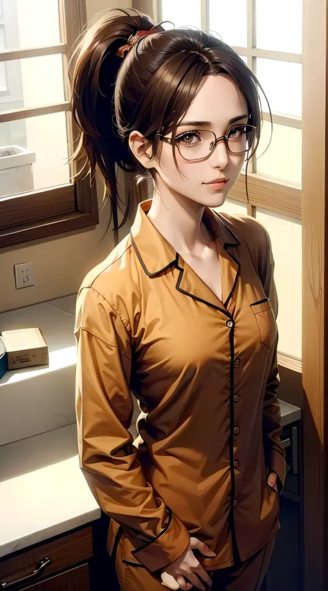 hange from the anime shingeki no kyojin, wearing glasses, shoulder-length hair, brown hair, ponytail, ponytail, pretty, beautifu...