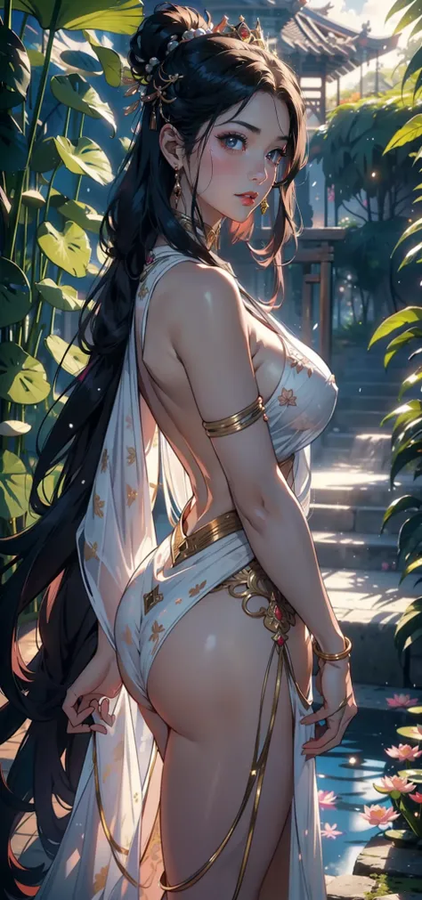 1female，35yo，熟妇，mature，plumw，extremely large bosom，long leges，Big breasts Thin waist，Pornographic exposure， 独奏，（Background with：bamboo forrest，lotuses，lotus flower，Ground area water，exteriors，） She has long pink hair，Snow-white skin，seen from the front， ha...