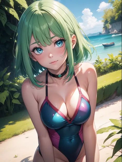 Official art、Top quality ultra-detailed CG art、a beauty girl：１.２）、Green Bite、Glossy hair、smooth hair、large blue eyes,Mid summer、kawaii、The sky is beautiful、Cute、bob cuts、Pink choker、Pink swimsuit、ssmile、