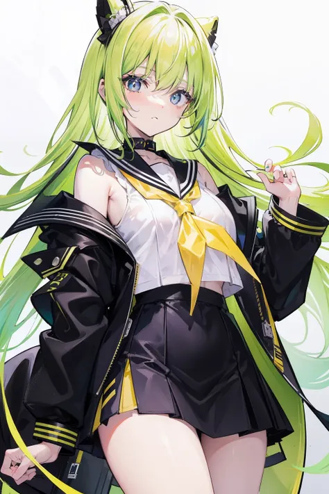 Yellow-green gradient hair，Purple pupils，Wear a black and white sailor suit and an off-the-shoulder black jacket，Milky loli，super beautifulgirl