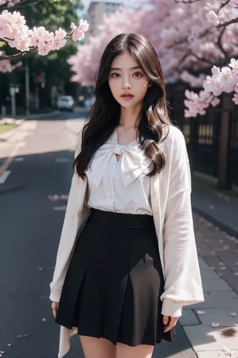 ((Midnight, Best quality, 8k, Masterpiece :1.3)), Whole body, Long legs, Sharp focus :1.2, A pretty woman with perfect figure :1.kepang rambut ke sa:1.1, ((Dark brown hair, m)), (Brown uniform with a knee-length skirt with a licac robe with a cherry blosso...