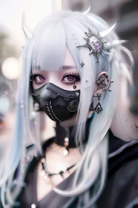 eye glass、Lunette de soleil、piercings、Forehead、Blunt bangs、Eyebrows are visible、The bikini、goth_punk, 1girl in, 独奏, medium shot, Walking in Harajuku, ((during night)), bokeh dof, Neon light, Iridescent eyes, starrysky, White shiny hair, White eyebrows, Rad...