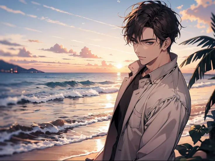 ((masterpiece,best quality)), 1male, solo, adult, handsome, beautiful detailed face, staring at sunset, sunset, half shot, casual clothes